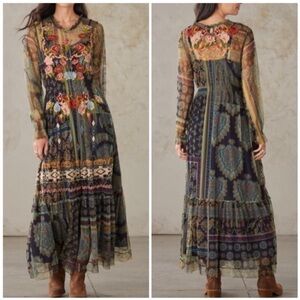 Johnny Was Biya Elexa Long Sleeve Mesh Floral Embroidered Maxi Dress